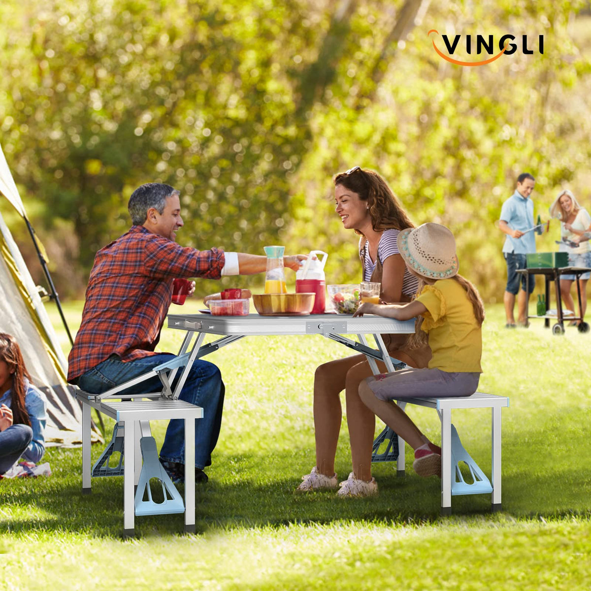 4Ft Folding Camping Picnic Table with Seats and Umbrella Hole C2654