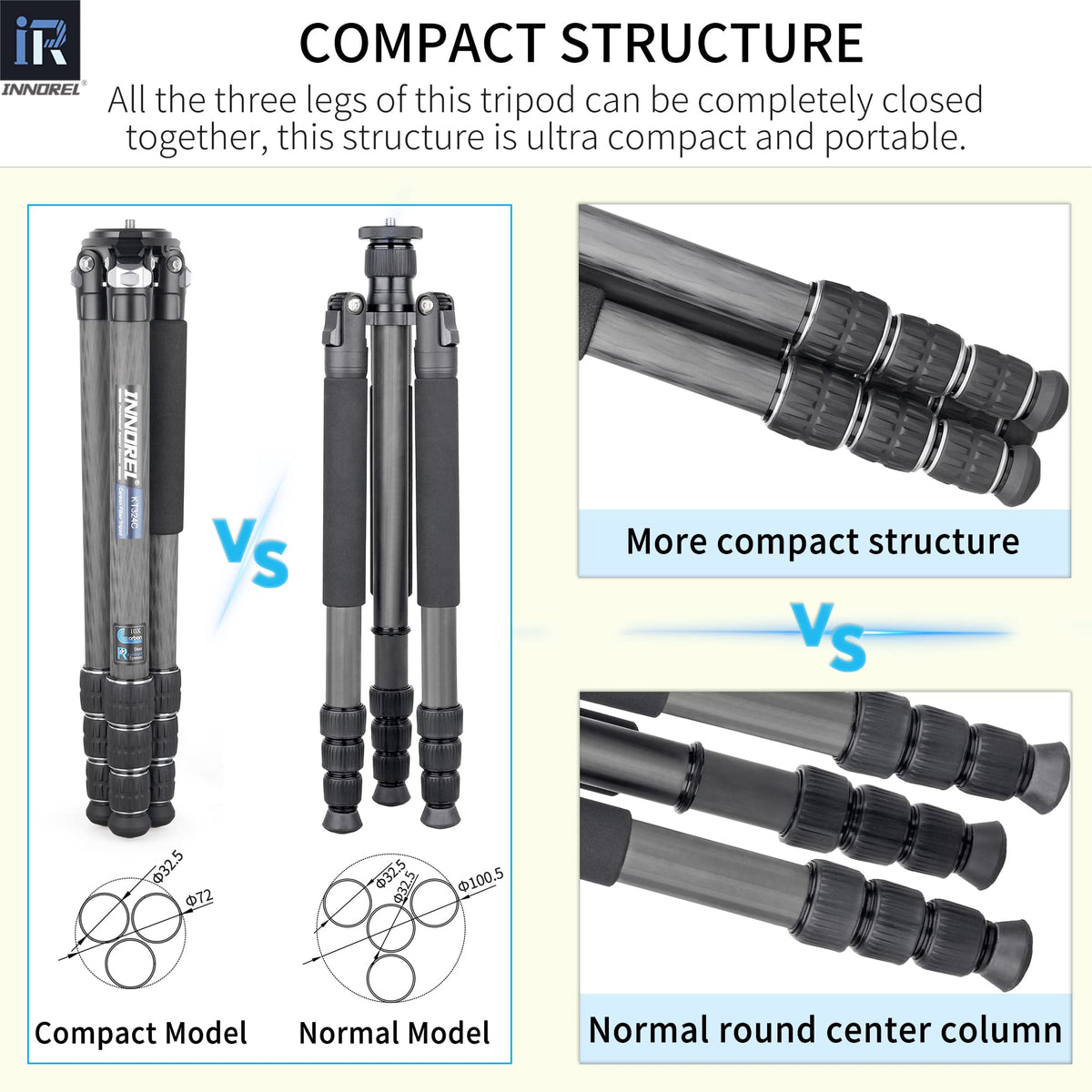 Carbon Fiber Tripod Without Head Portable Compact Travel Tripod 55lbs Max Load G240
