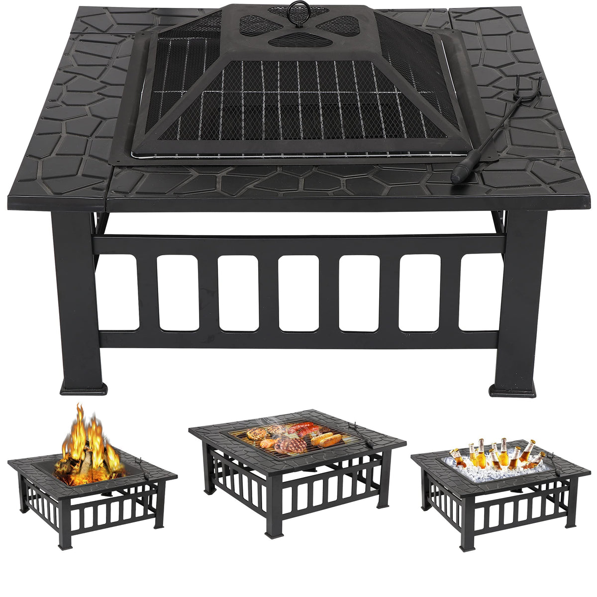 32" Square Metal Wood Burning Fire Pit Table C814