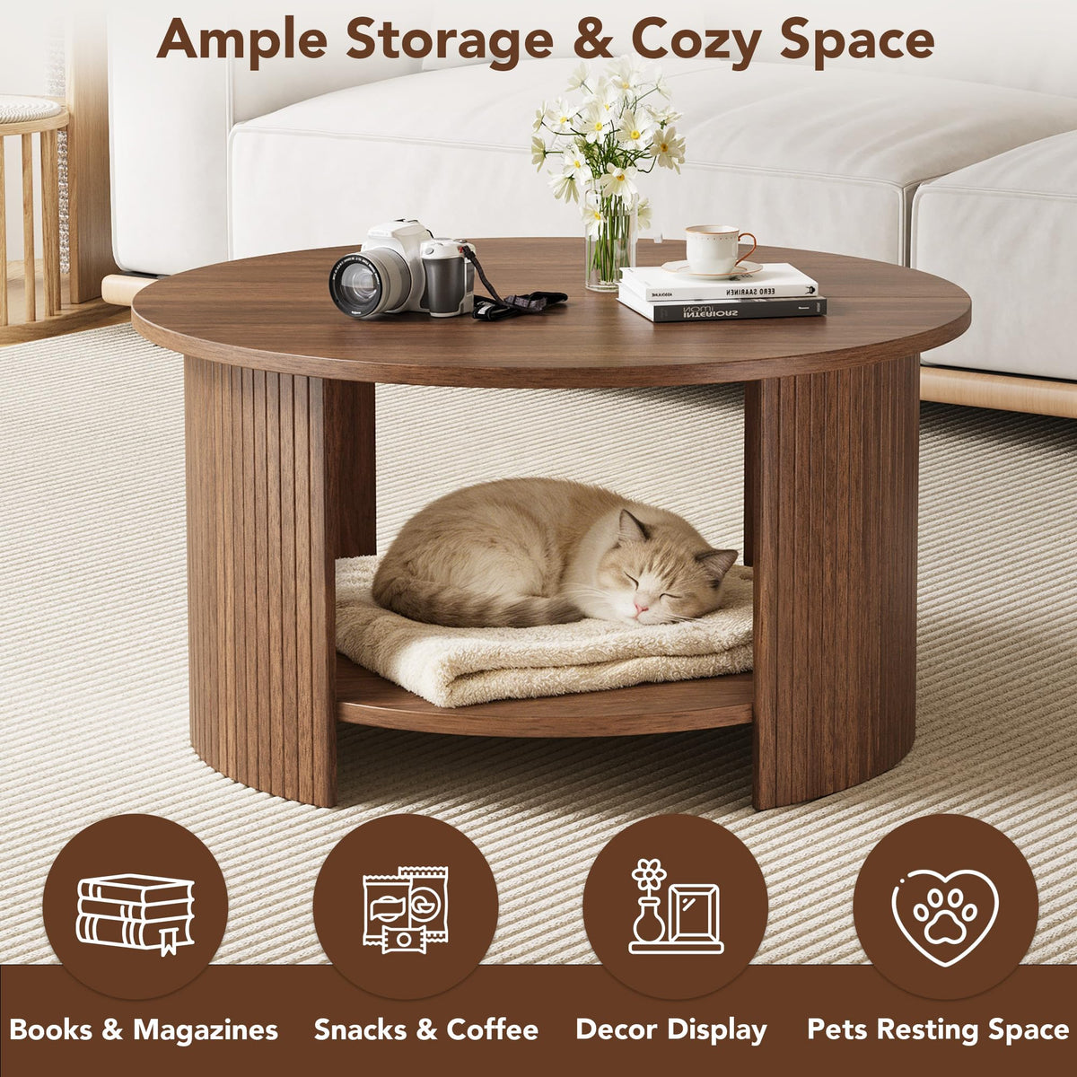 Round Coffee Table with Storage, 31.5" Modern Fluted 2-Tier Wood Coffee Table F492
