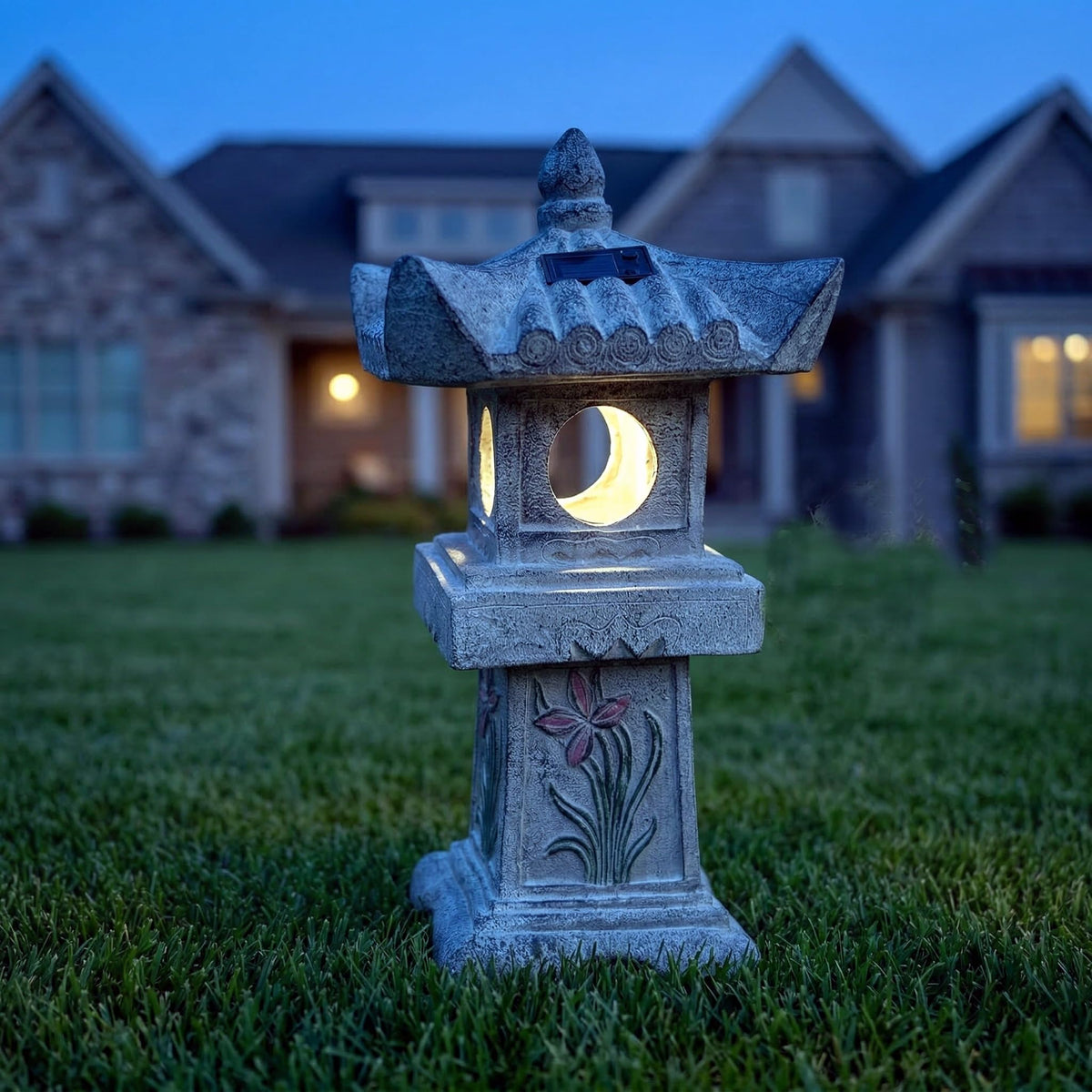 Solar-Powered LED Asian Orchid Pagoda Statue J644335