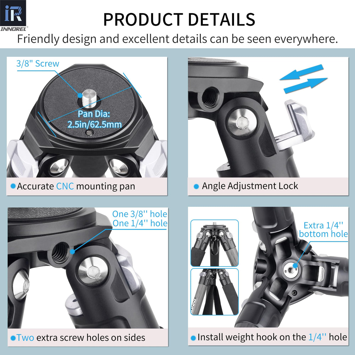 Carbon Fiber Tripod Without Head Portable Compact Travel Tripod 55lbs Max Load G240