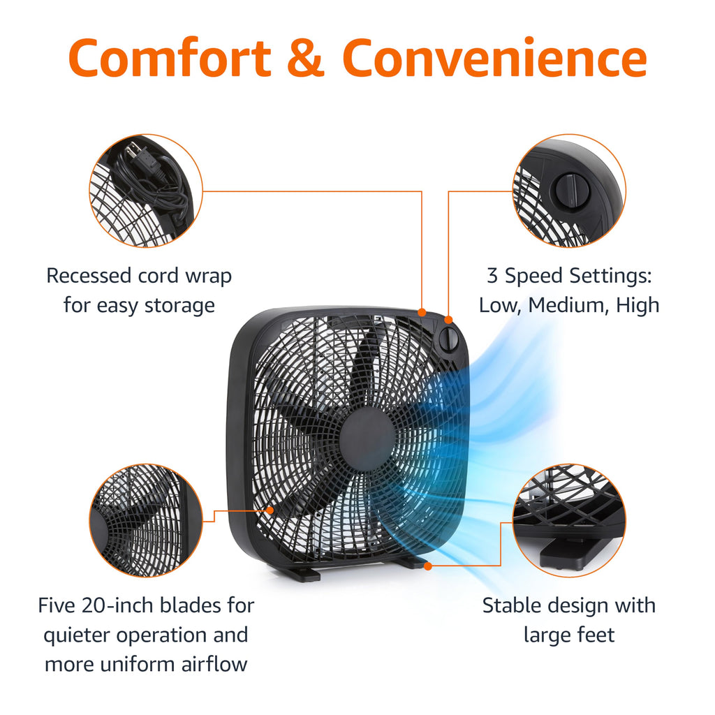 Black 20-Inch 3-Speed Box Fan with Carry Handle S51558