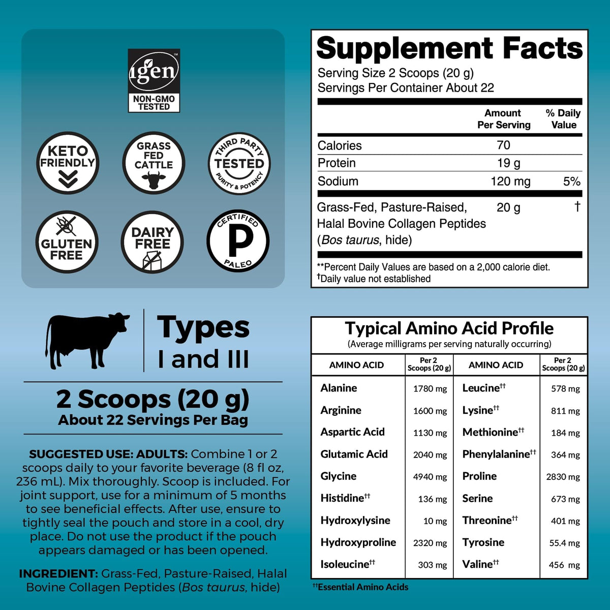 Collagen Peptides Powder - Grass-Fed Hydrolyzed Bovine, Type I & III - 19 g Protein, Unflavored - 1lb N850114