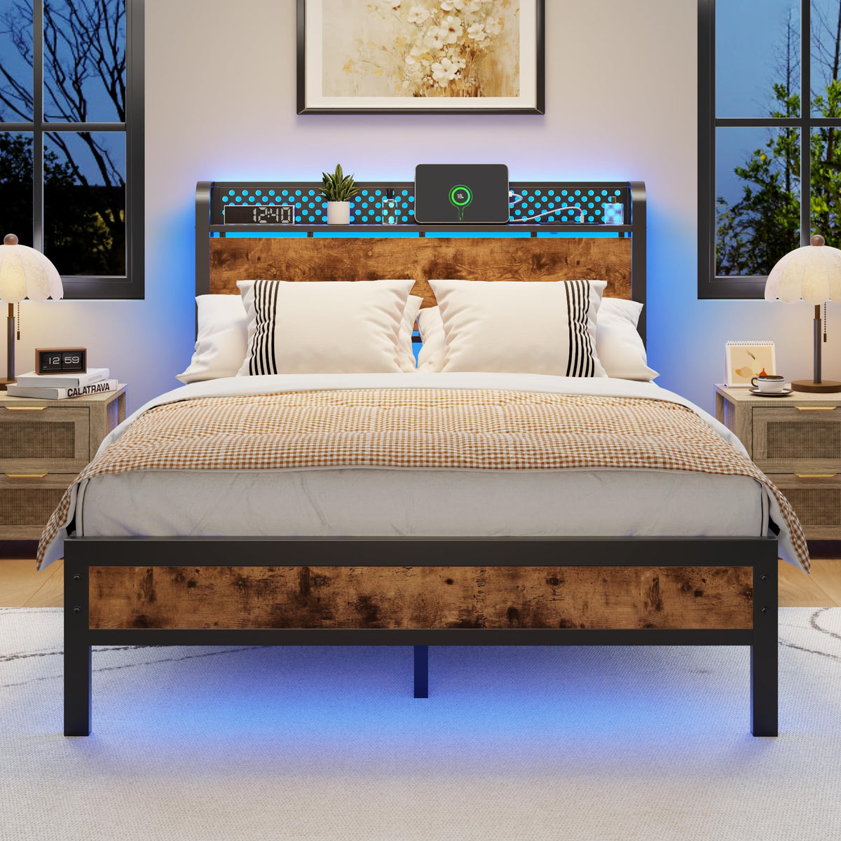 Full Bed Frame with Headboard and LED Lights I910