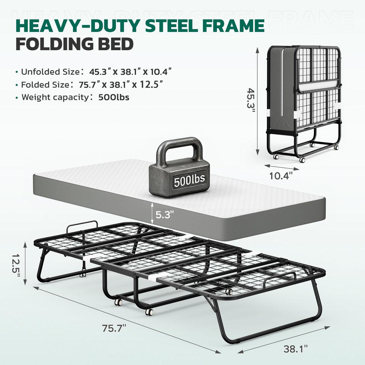 Folding Bed with 5 Inch Mattress, Twin Size L365325
