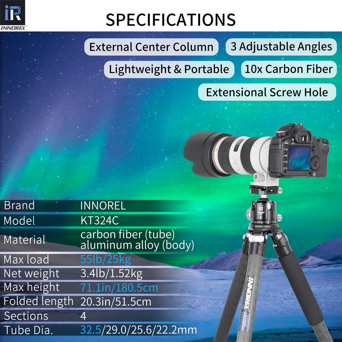 Carbon Fiber Tripod Without Head Portable Compact Travel Tripod 55lbs Max Load G240