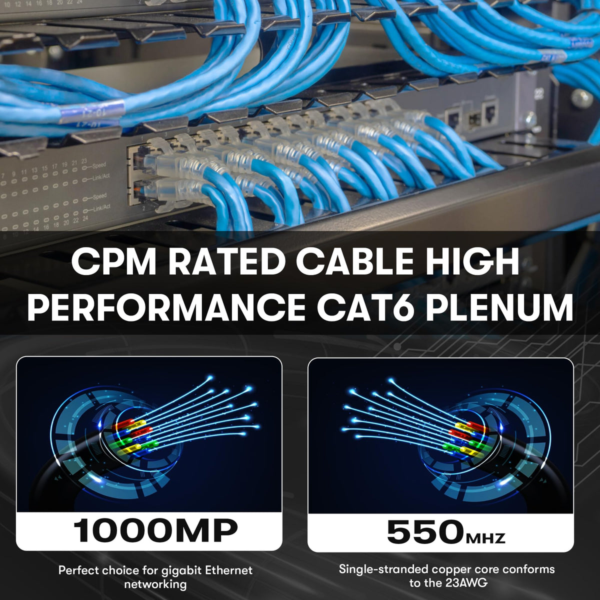 Cat6 Plenum Cable 1000Ft Bare Copper 23AWG Blue S390325