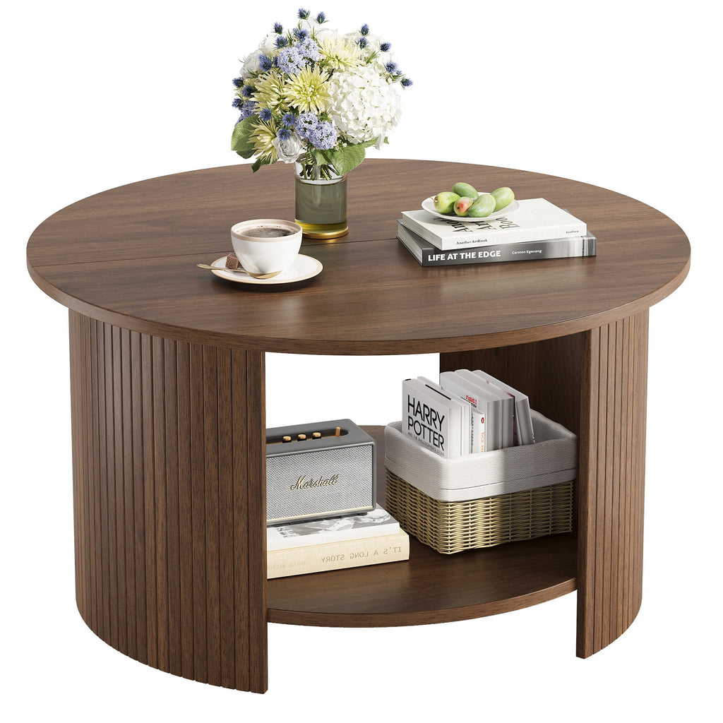 Round Coffee Table with Storage, 31.5" Modern Fluted 2-Tier Wood Coffee Table F492