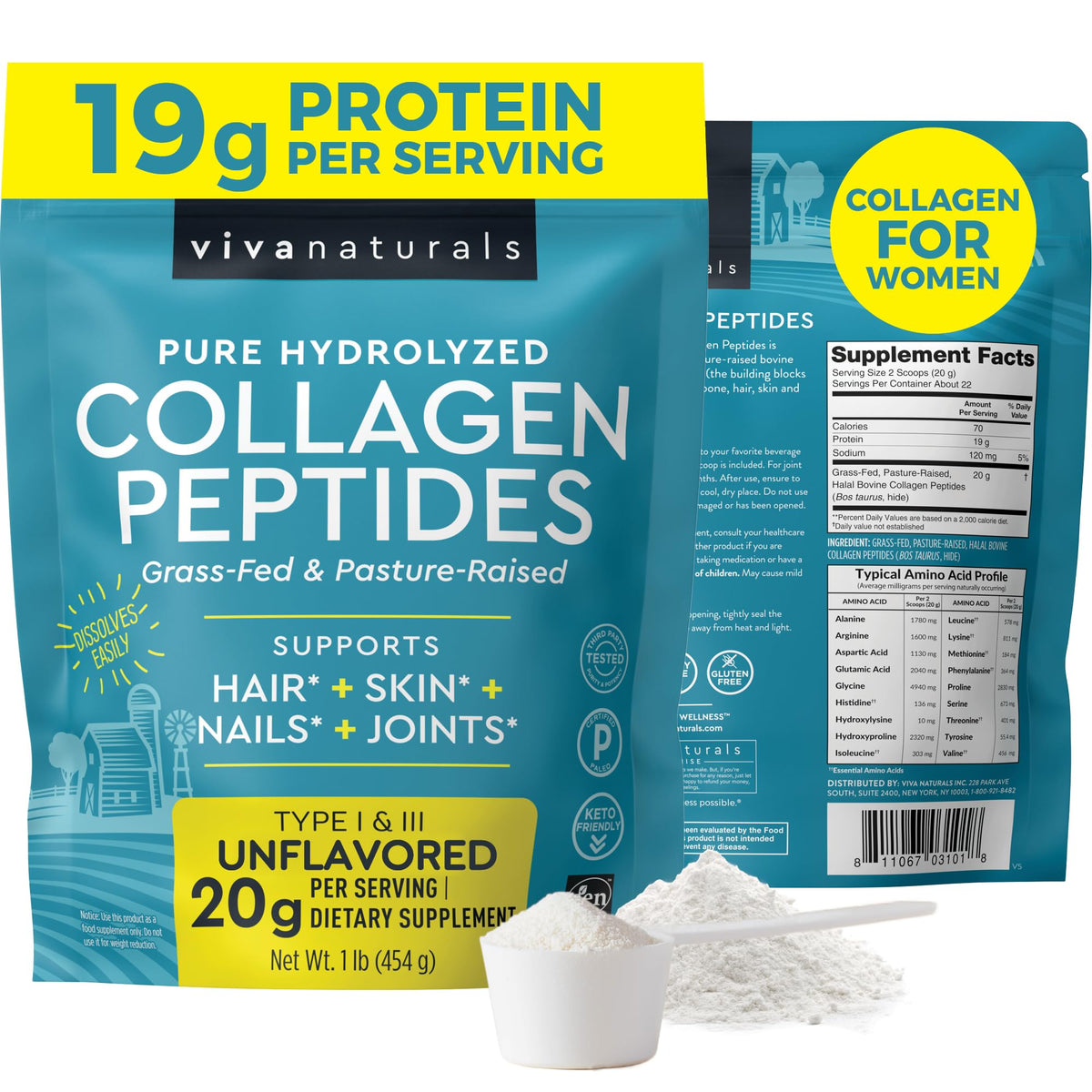 Collagen Peptides Powder - Grass-Fed Hydrolyzed Bovine, Type I & III - 19 g Protein, Unflavored - 1lb N850114
