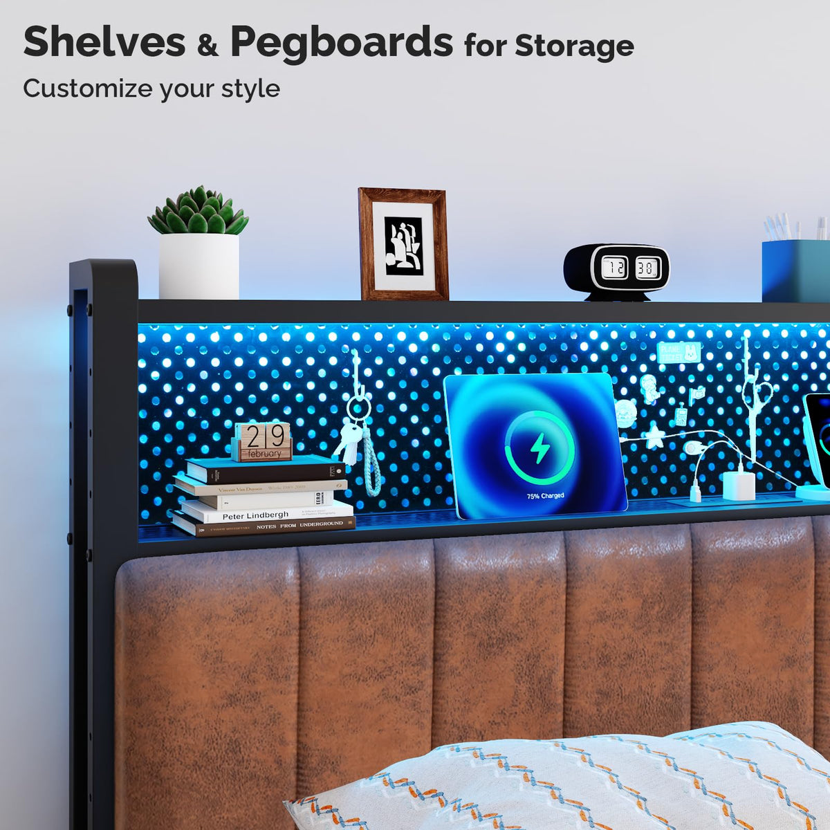 Full Size Faux PU Leather Upholstered Headboard with Charging Stations C108615