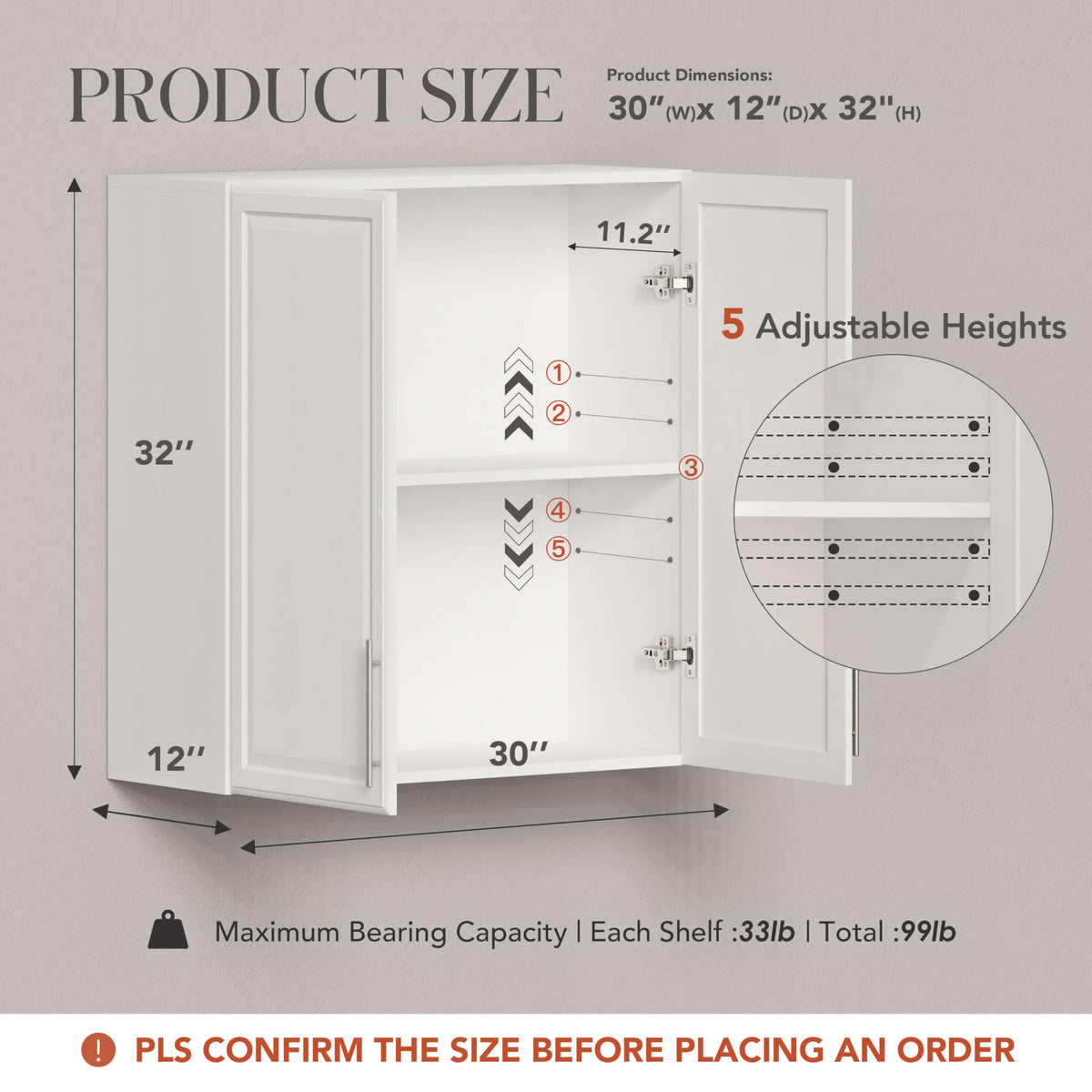 White Wall Cabinet with Adjustable Shelves I108