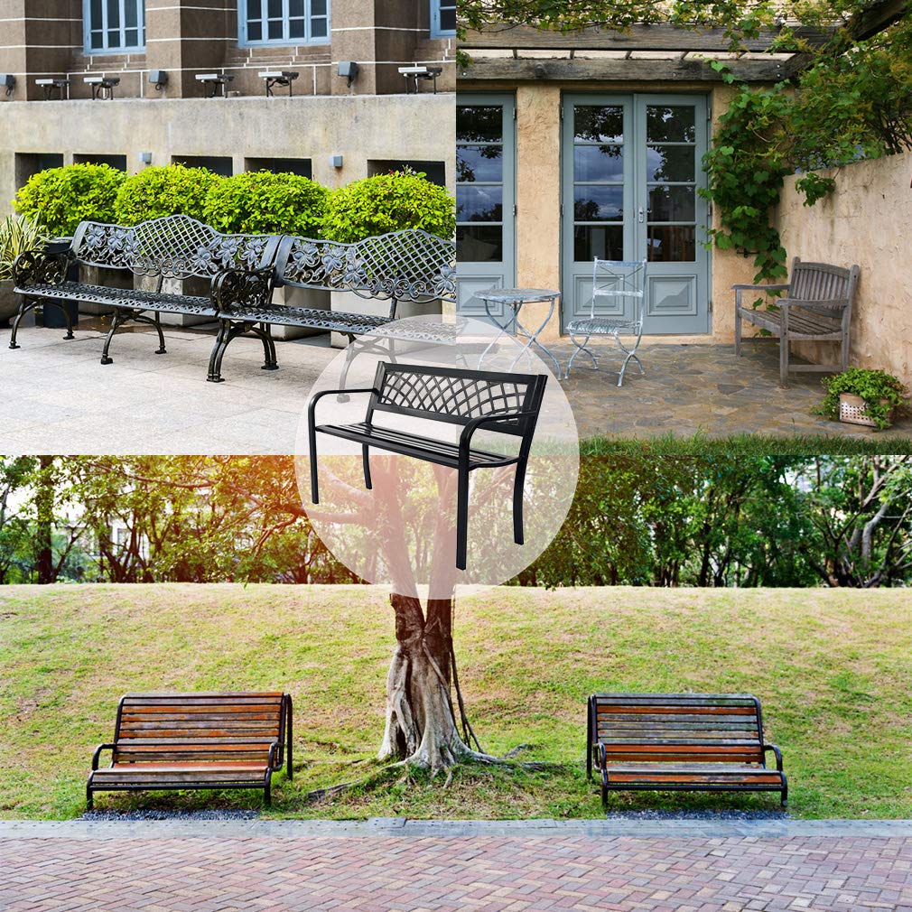 Black Metal Garden Bench with Plastic Backrest and Armrests O2937