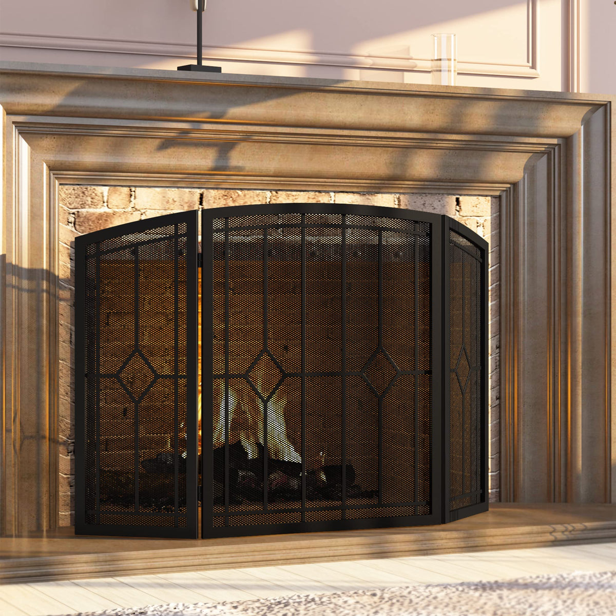 Wrought Iron Fireplace Screen 48"x30" Black Spark Guard M6008