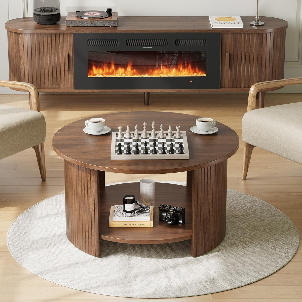 Round Coffee Table with Storage, 31.5" Modern Fluted 2-Tier Wood Coffee Table F492