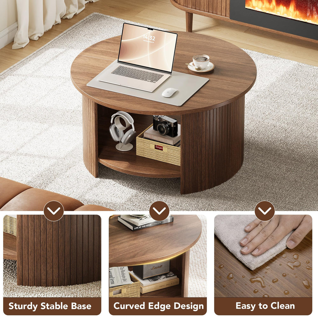 Round Coffee Table with Storage, 31.5" Modern Fluted 2-Tier Wood Coffee Table F492