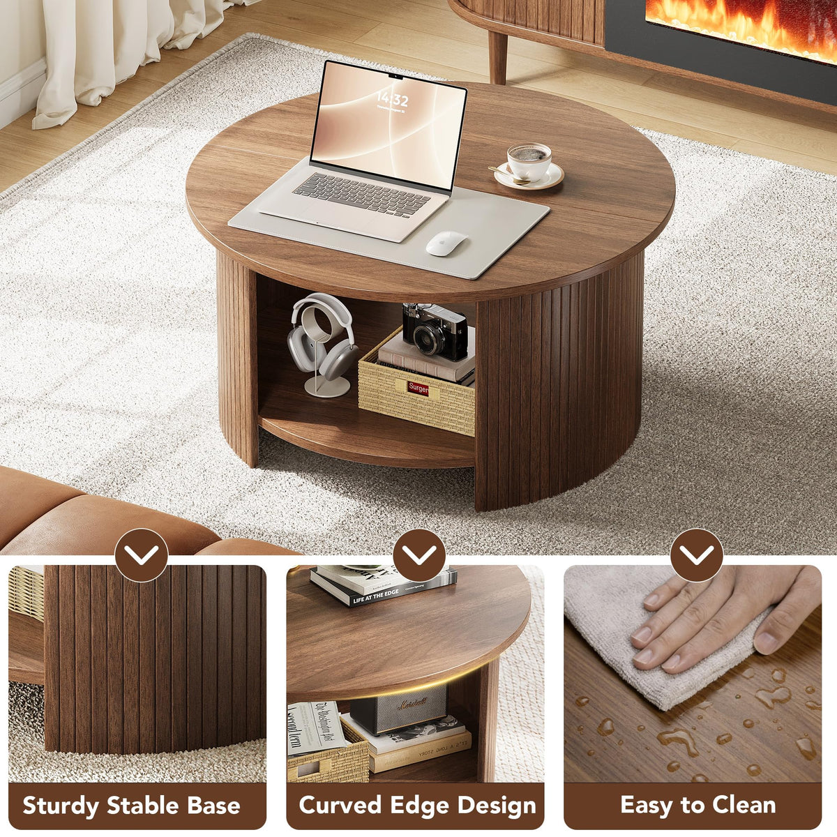 Round Coffee Table with Storage, 31.5" Modern Fluted 2-Tier Wood Coffee Table F492