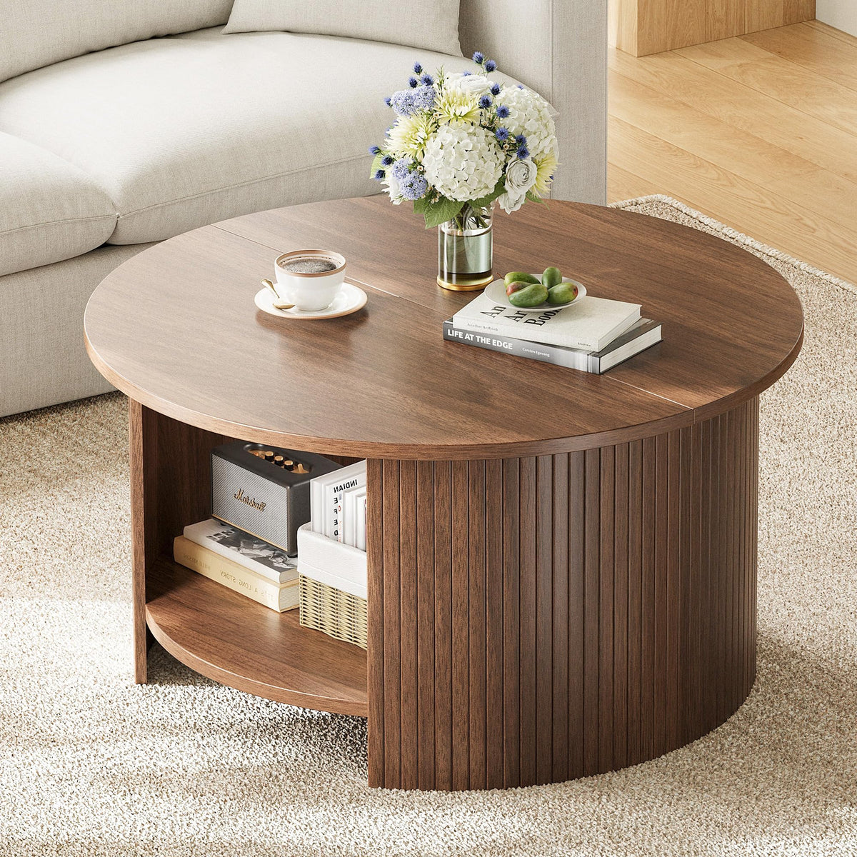Round Coffee Table with Storage, 31.5" Modern Fluted 2-Tier Wood Coffee Table F492