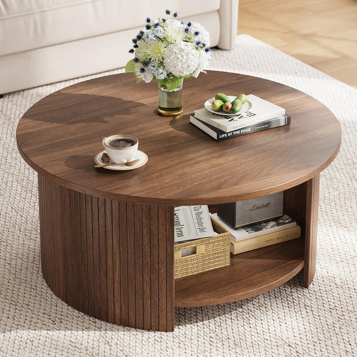 Round Coffee Table with Storage, 31.5" Modern Fluted 2-Tier Wood Coffee Table F492