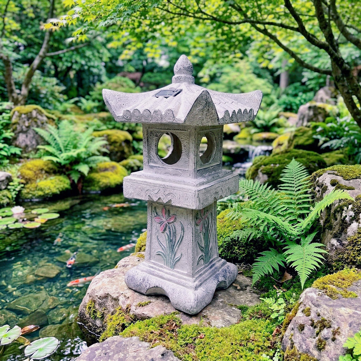 Solar-Powered LED Asian Orchid Pagoda Statue J644335